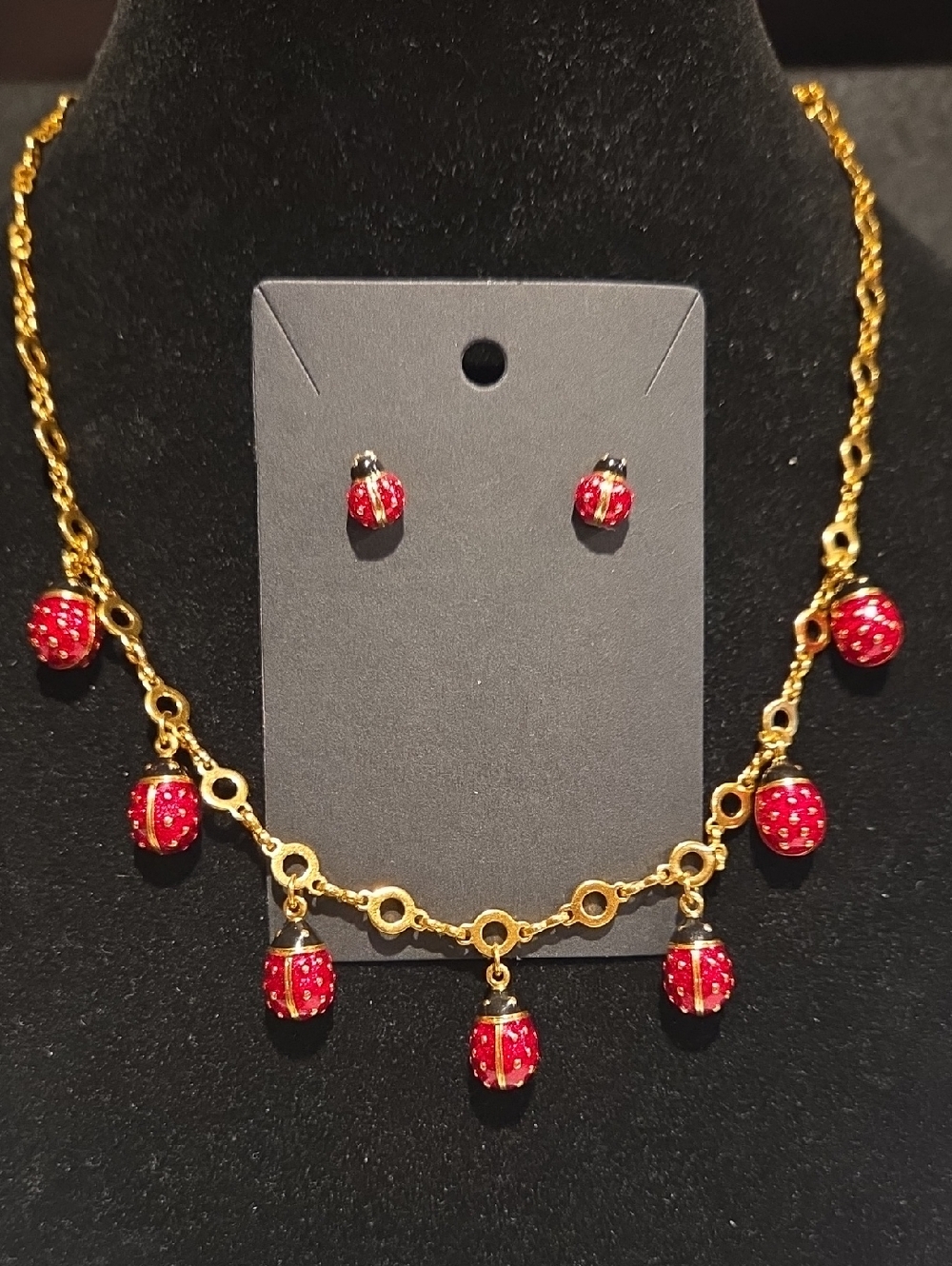 Joan Rivers Gold-Tone Necklace with Red Lady Bug Dangle Beads and Studs